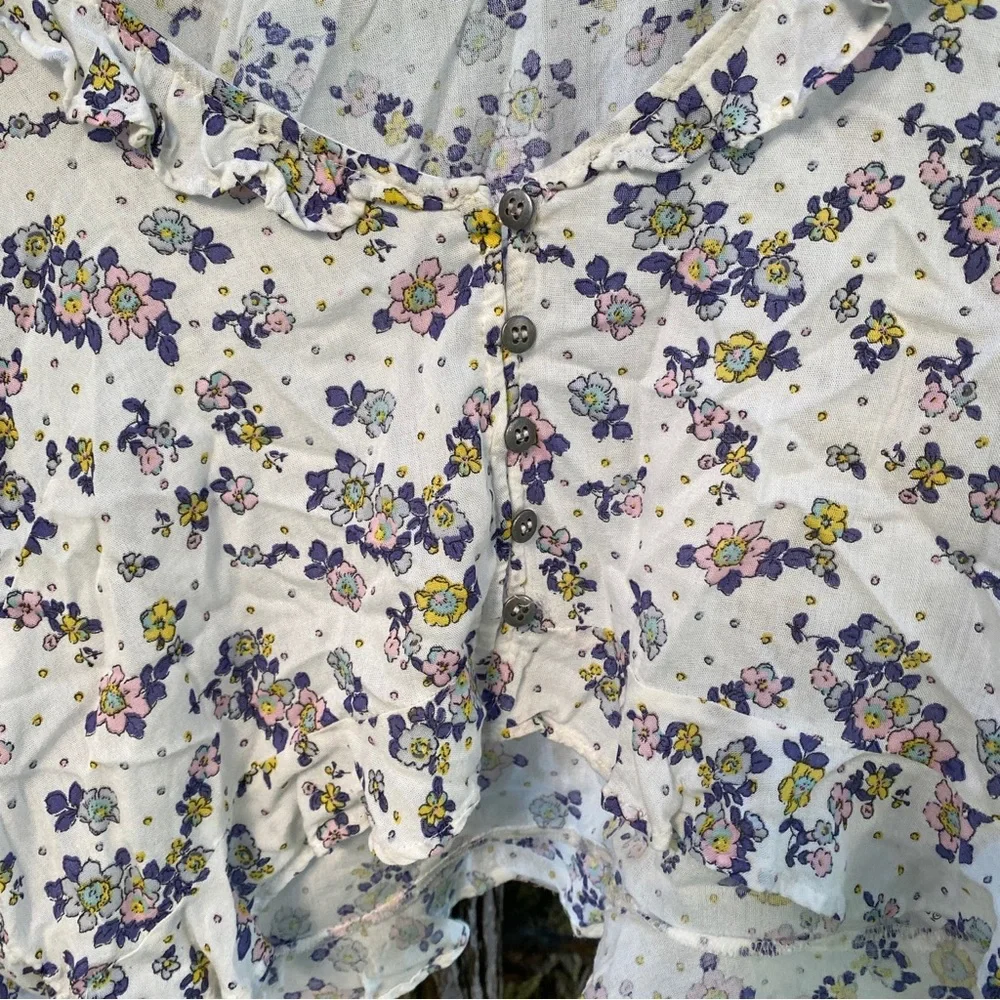Free People Secret Garden Floral Ruffle Cropped Top Long Sleeve Blouse Lavender